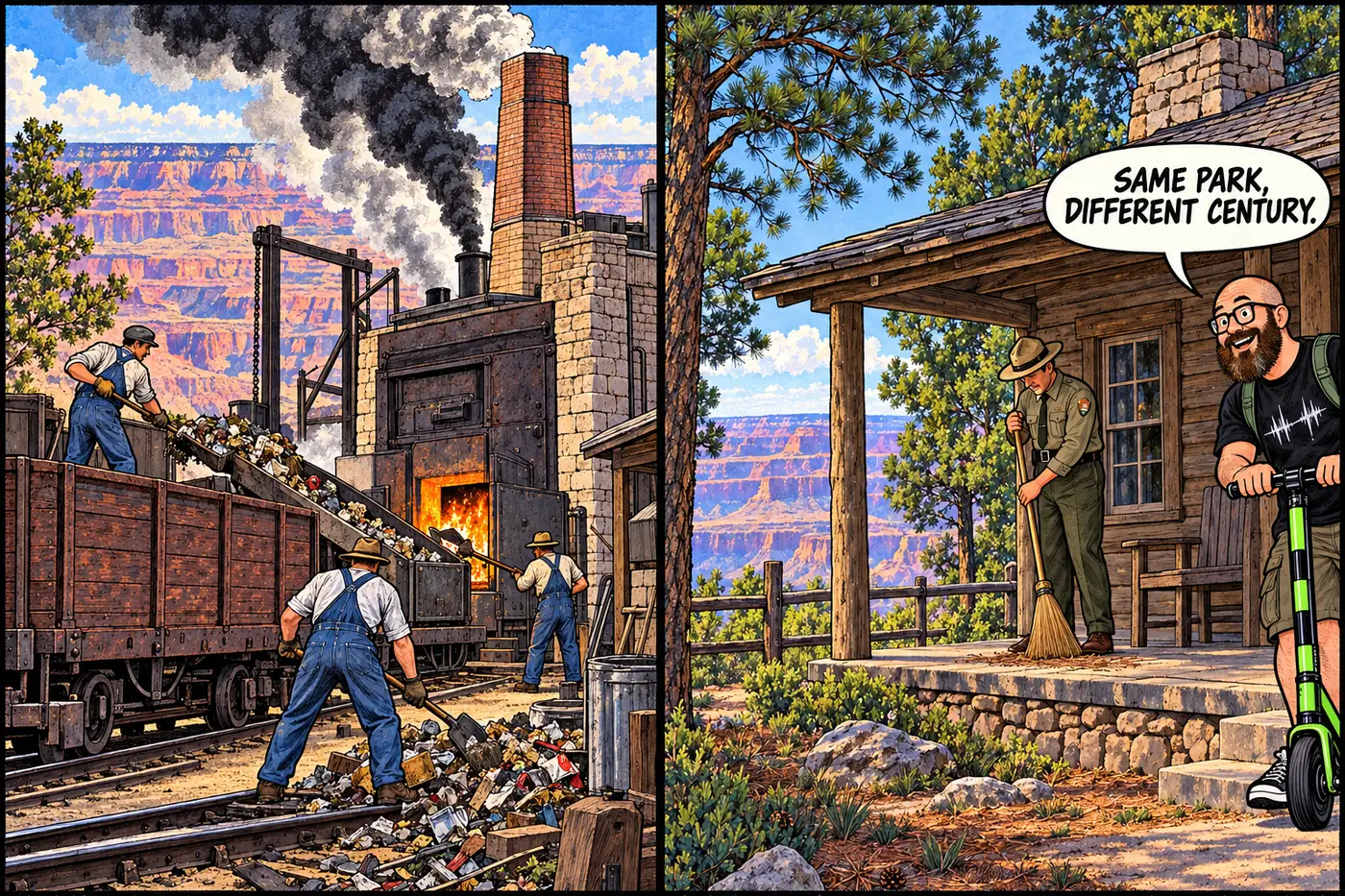 A comic split-panel comparing a busy 1926 South Rim incinerator to a nearly empty 1940s North Rim outpost with one ranger and a cabin