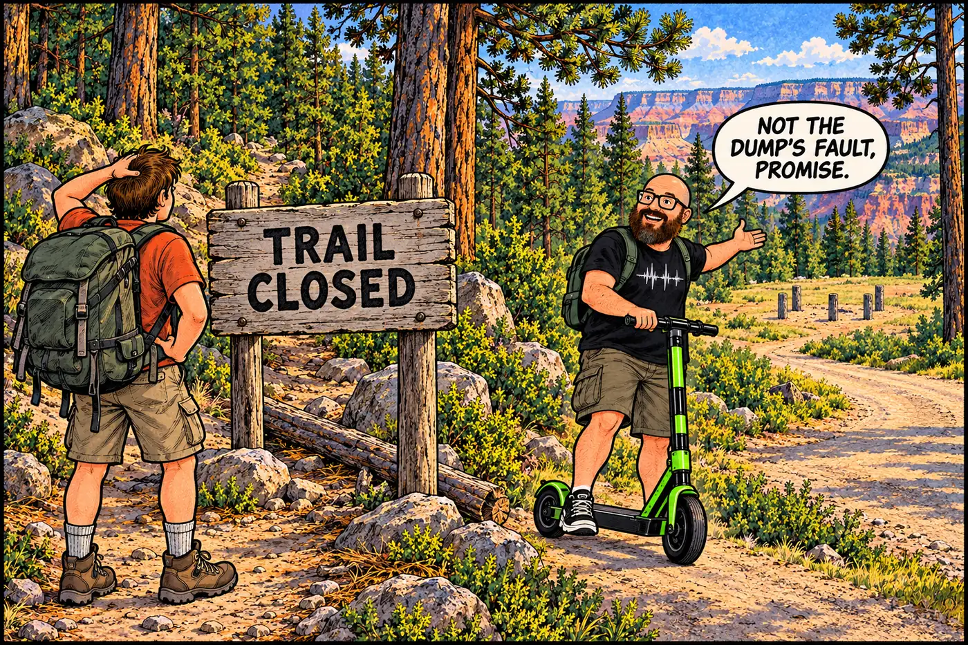 A hiker looking at a Widforss Trail closed sign while the HOST points down a side fire road toward the distant landfill corner posts