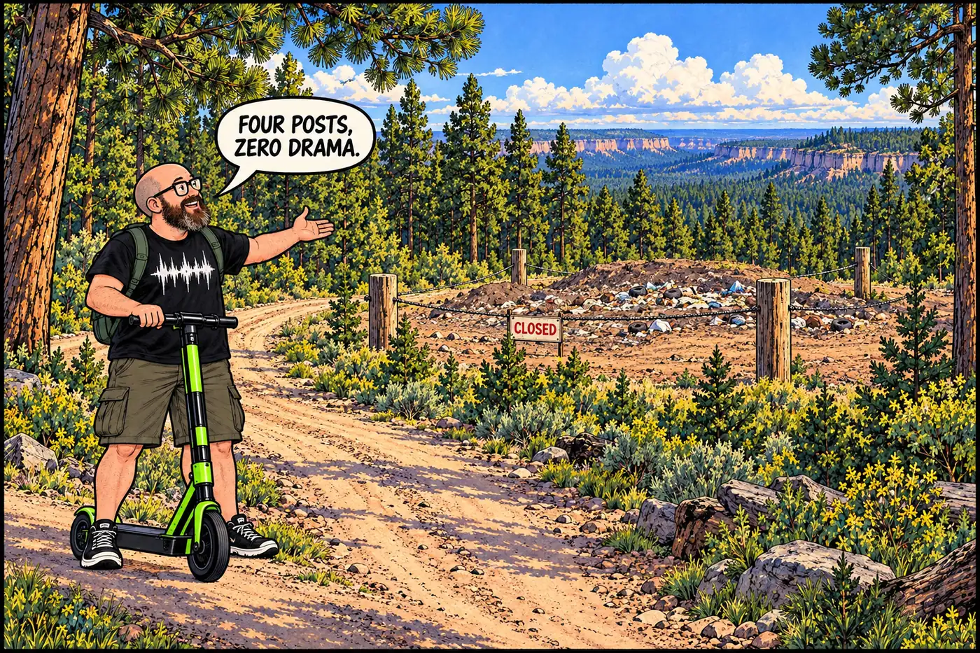 Labeled illustration of a forest fire road leading to four corner posts marking a closed landfill boundary on the North Rim plateau
