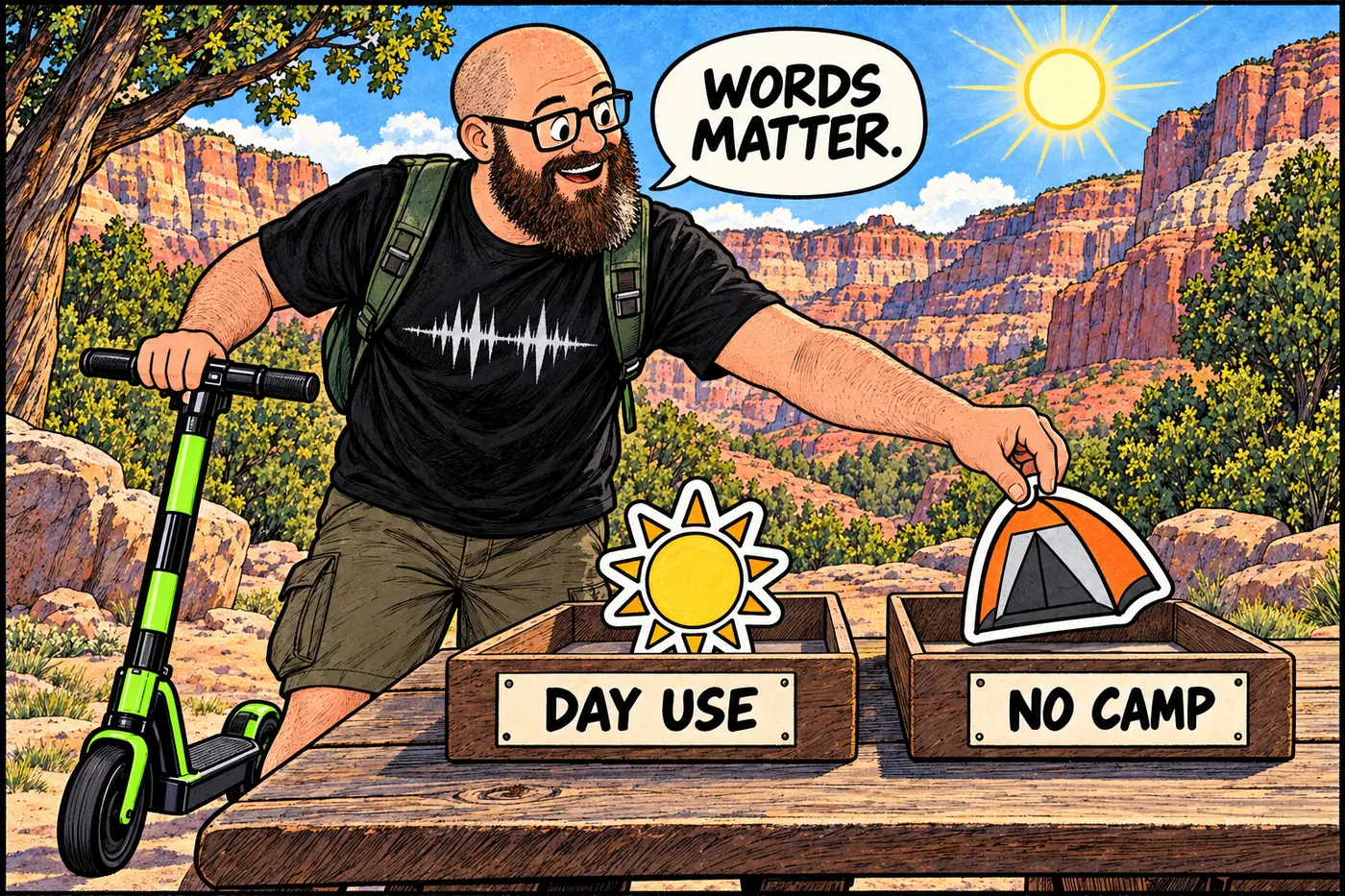 Host sorts daytime visitors from overnight camping gear without suggesting that the canyon is closed to visitors
