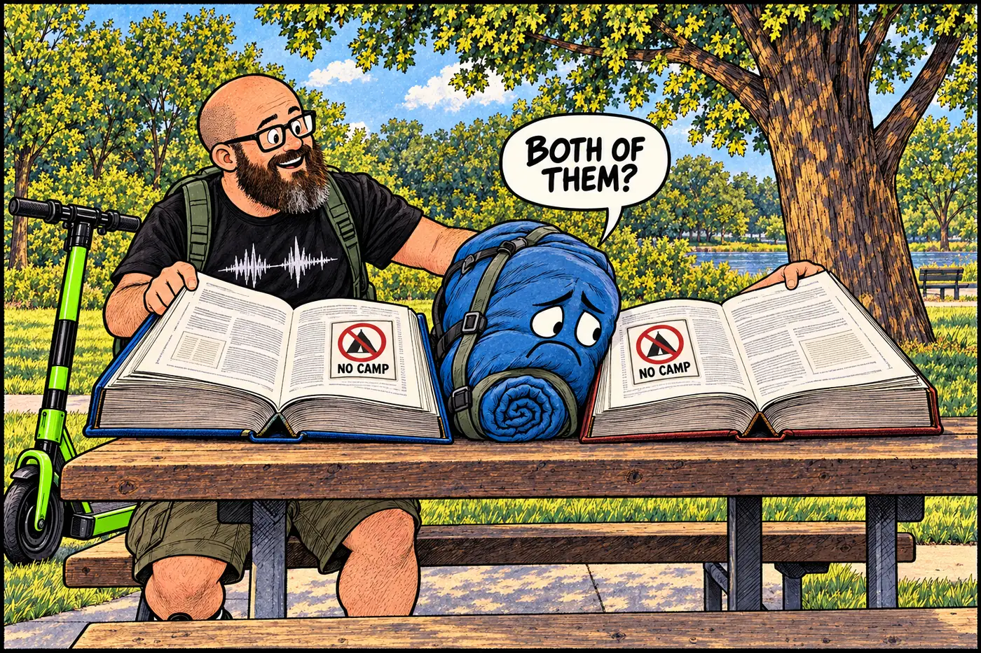 Host compares two different rulebook pages that both say no camping, as a sleeping bag looks disappointed