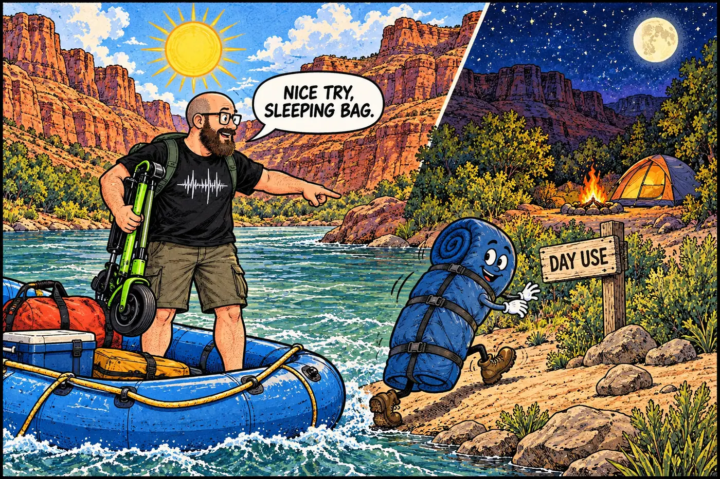Illustrated raft pauses by an anonymous side canyon while a day-use rule and packed camp gear make the camping distinction clear