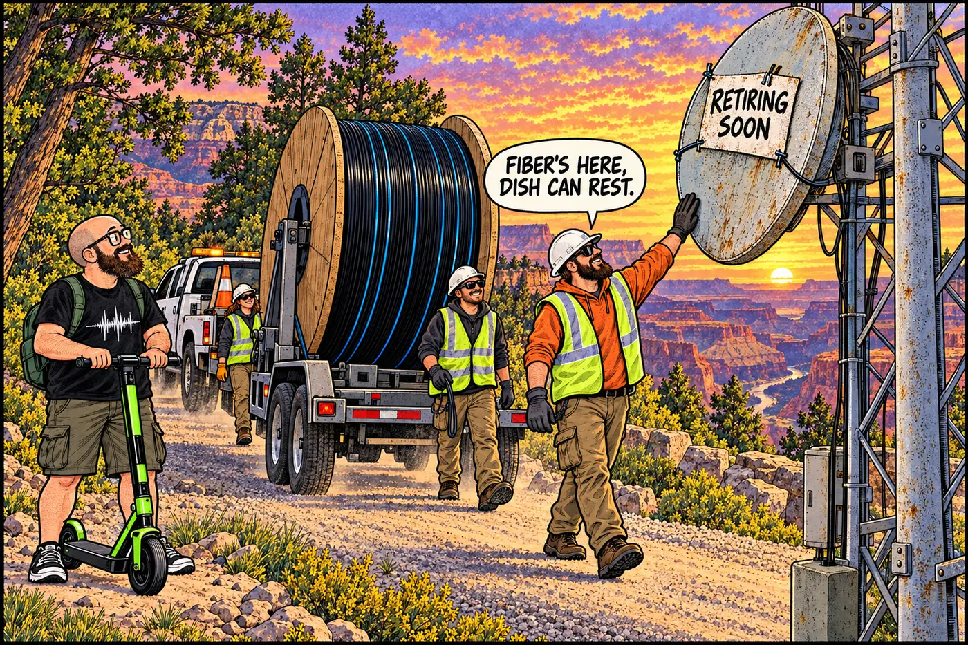 Cartoon of a work crew hauling a spool of fiber optic cable past an old microwave dish wearing a hand-lettered retirement sign