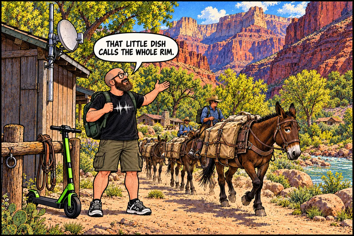 Cartoon of a tiny wood shed with a microwave dish on a pole at Phantom Ranch while a mule walks past unimpressed