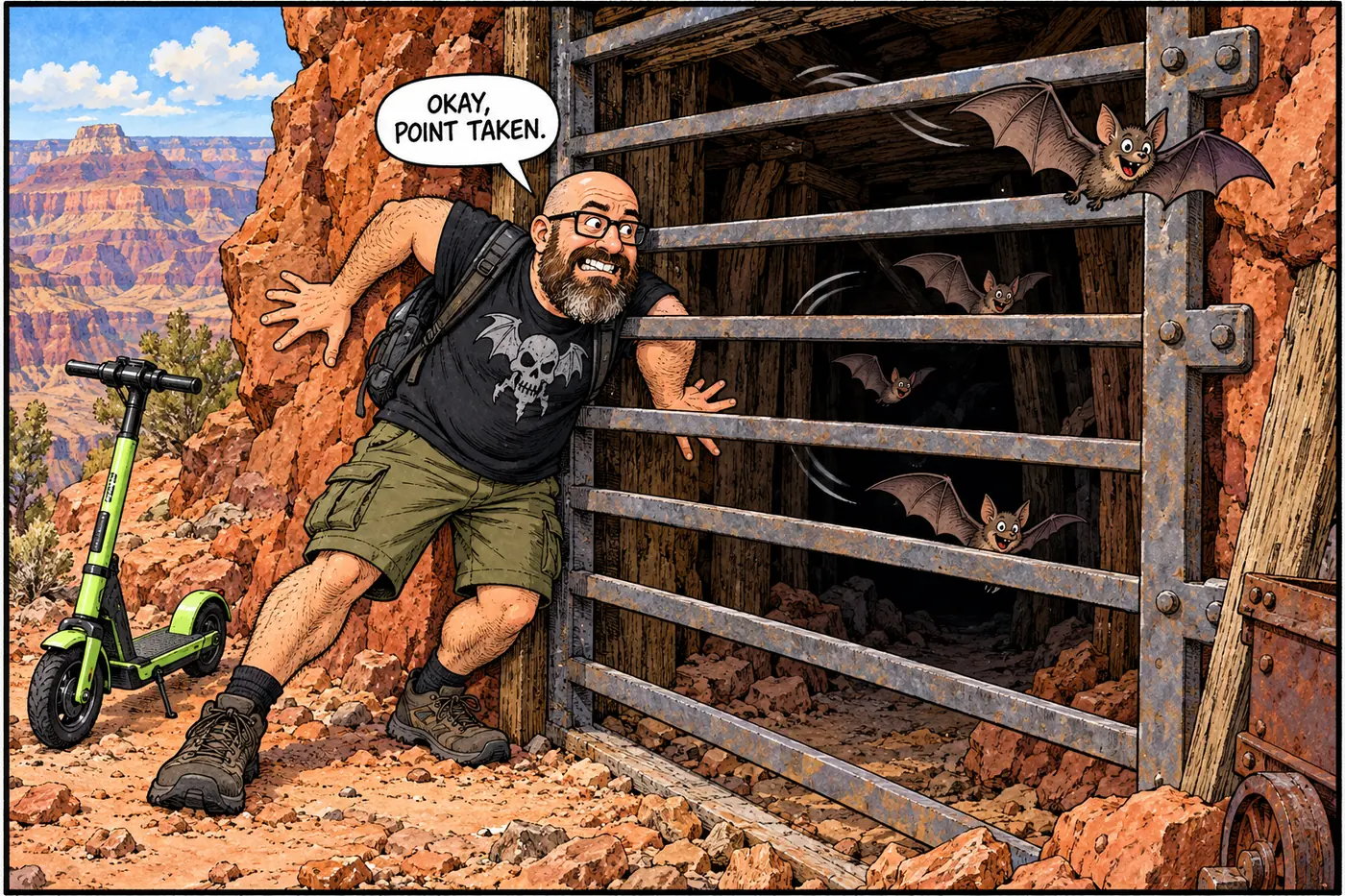 Comic panel of a mine adit sealed with a bat-friendly horizontal-bar gate, with bats flying freely through the bars while a hiker outside looks at the gate