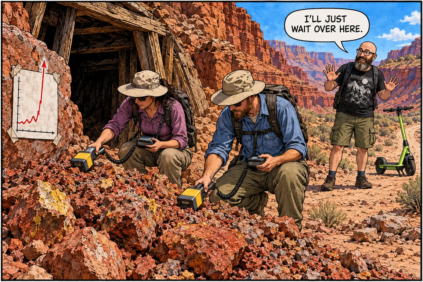 Comic panel of two researchers using a handheld gamma-ray spectrometer over a waste rock pile at an old mine site while a chart nearby spikes dramatically