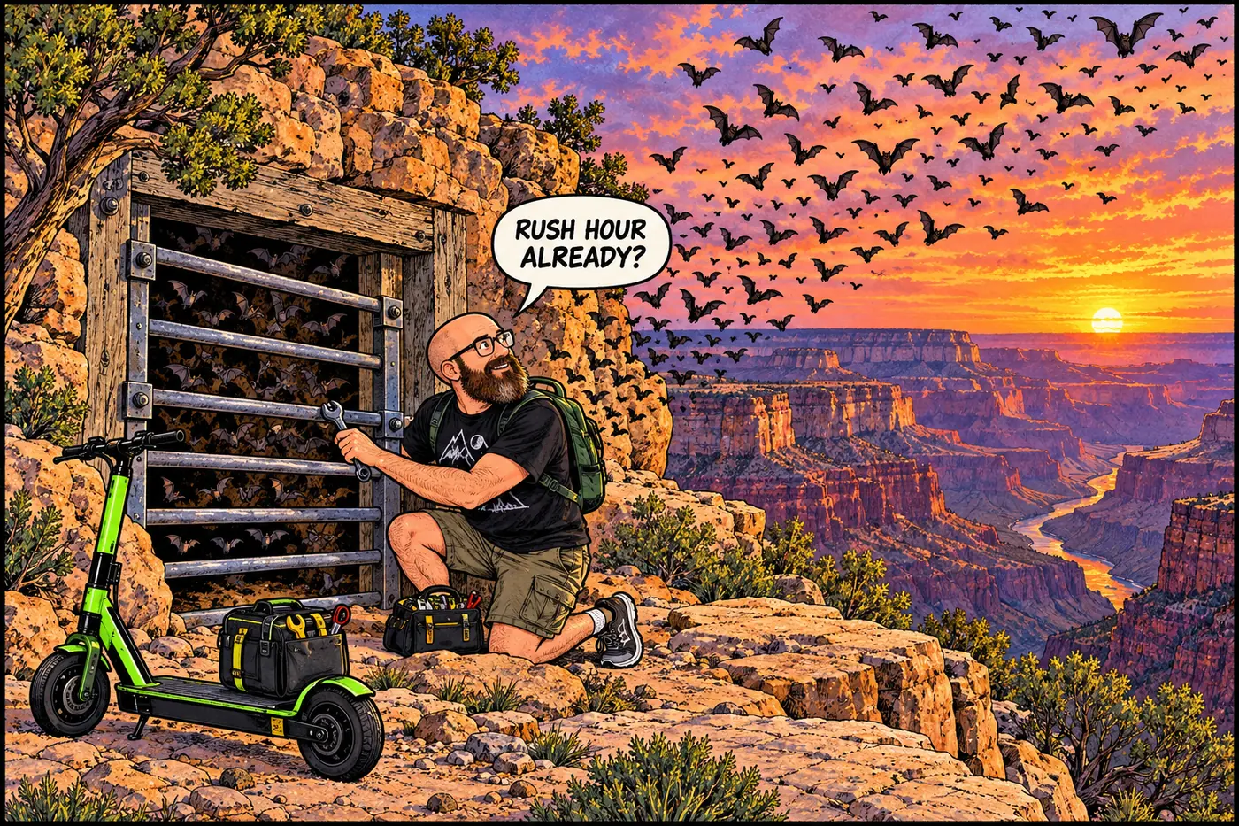 Cartoon of the host installing a bat-friendly gate over an old mine shaft while bats stream out past him at dusk.