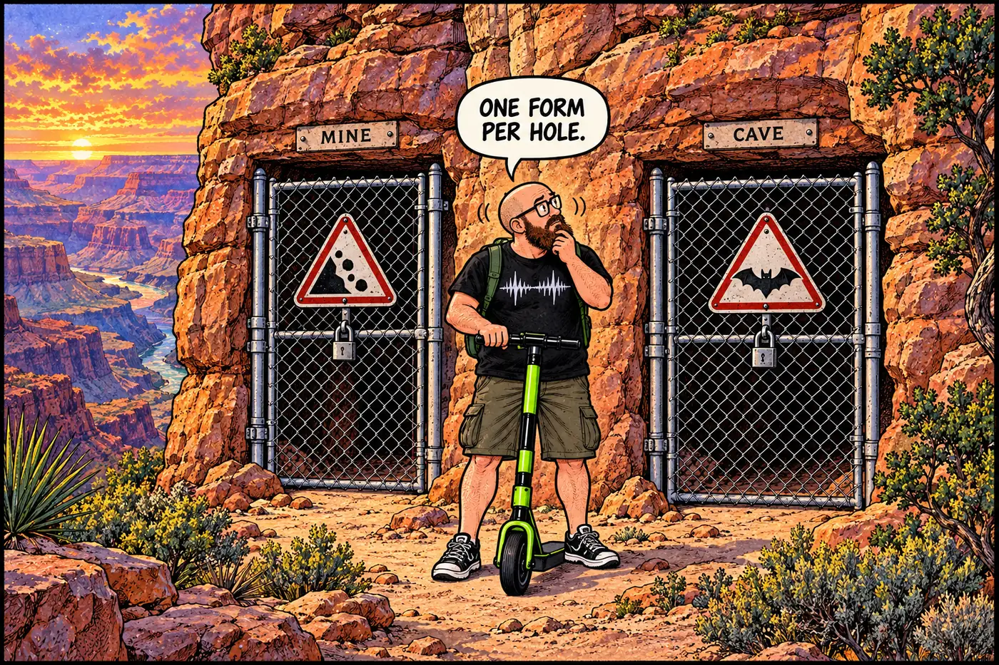 Cartoon of the host standing between two nearly identical locked gates at cave and mine entrances, each with a different warning sign, looking confused.