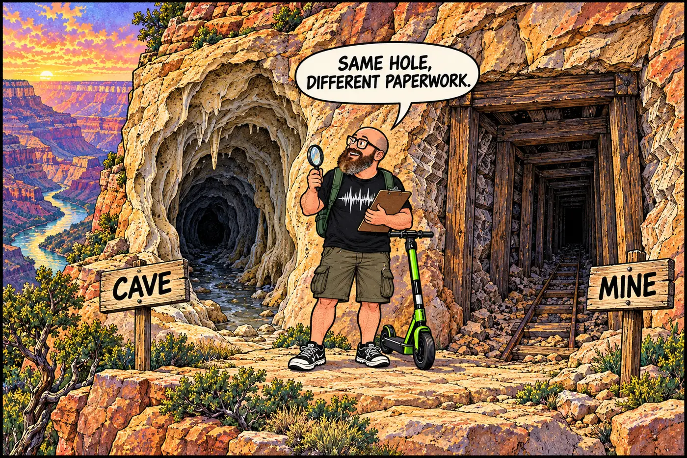 Cutaway illustration comparing a natural cave passage and a human-dug mine adit side by side in a canyon cliff, with a bearded host inspecting both.