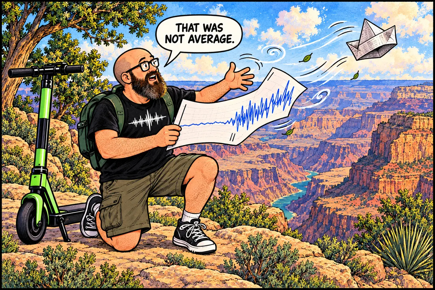 Host studies a comic weather chart while a tiny wind gust interrupts a quiet line of measurements.