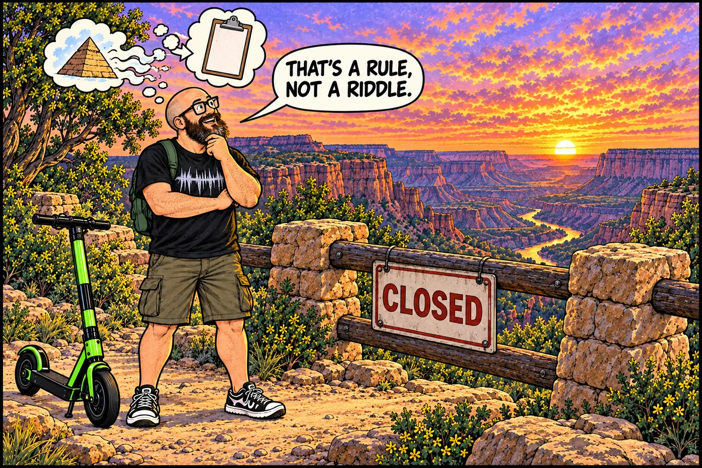 Host reads a small closure notice while a fanciful imaginary pyramid-shaped cloud floats far above a canyon rim