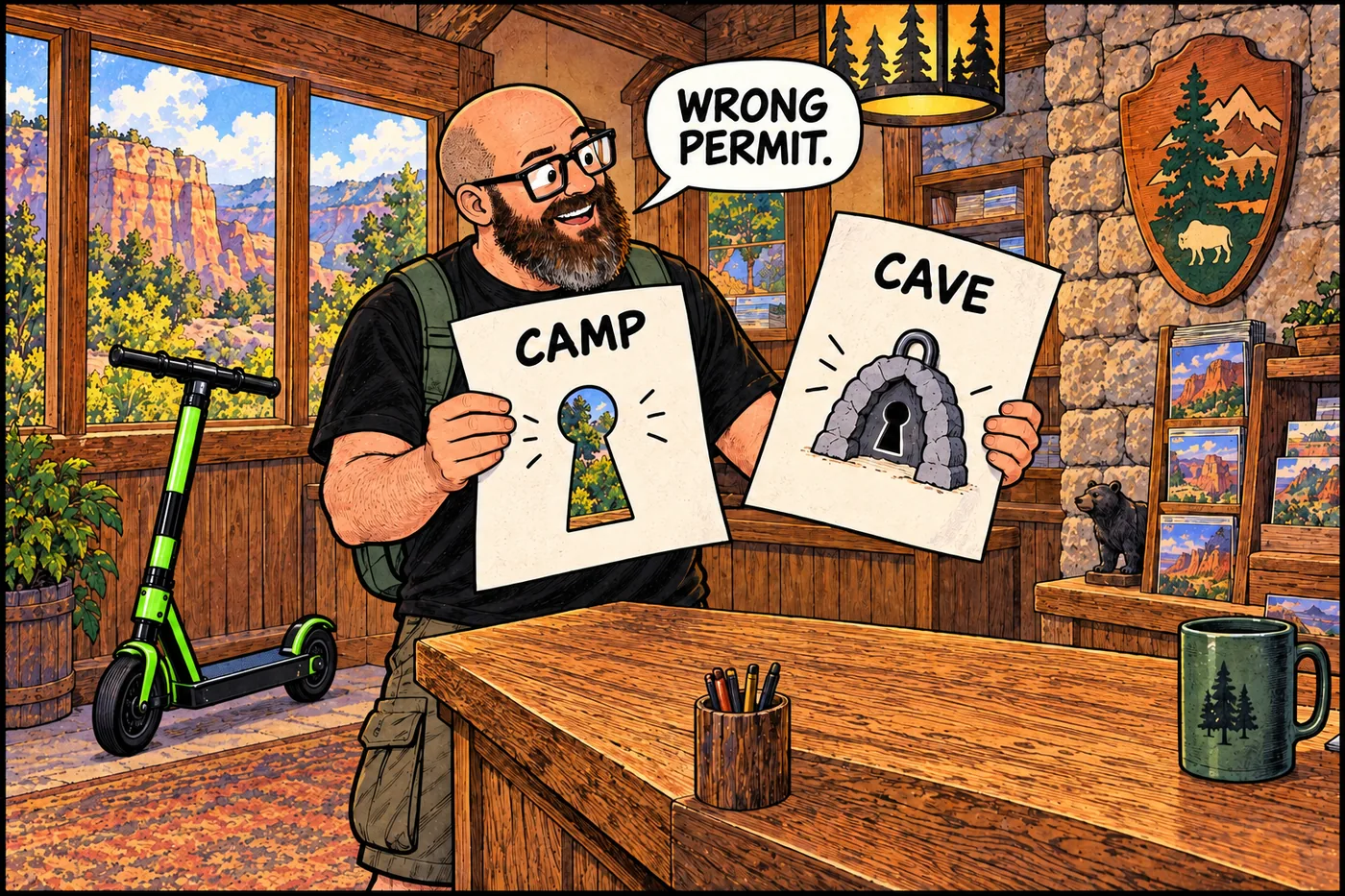 Host sorts differently marked camping and cave permit papers without entering any cave or showing a location