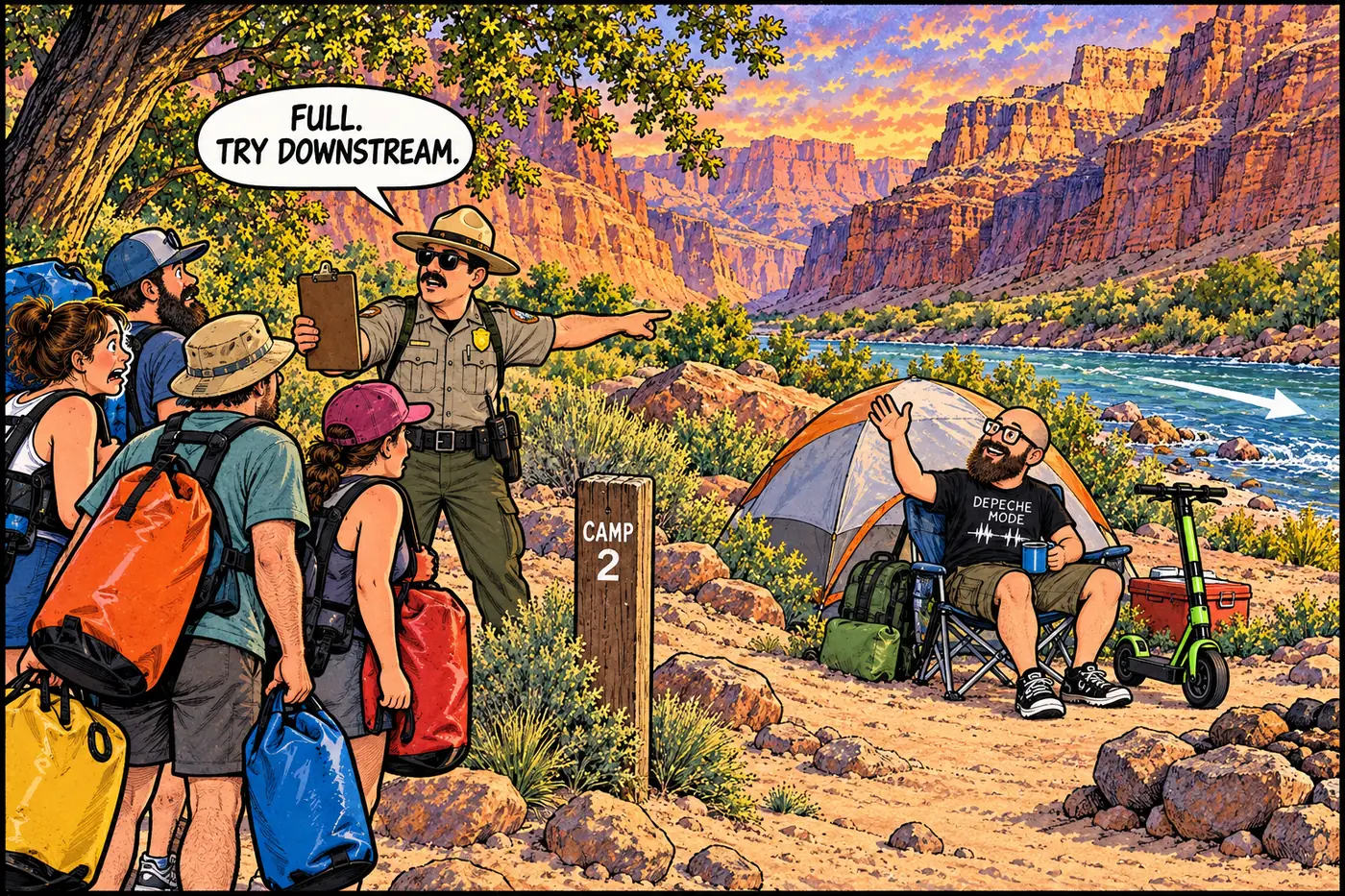 Cartoon of a park ranger holding a clipboard turning away a second river-rafting group from an already-occupied campsite while pointing them downstream