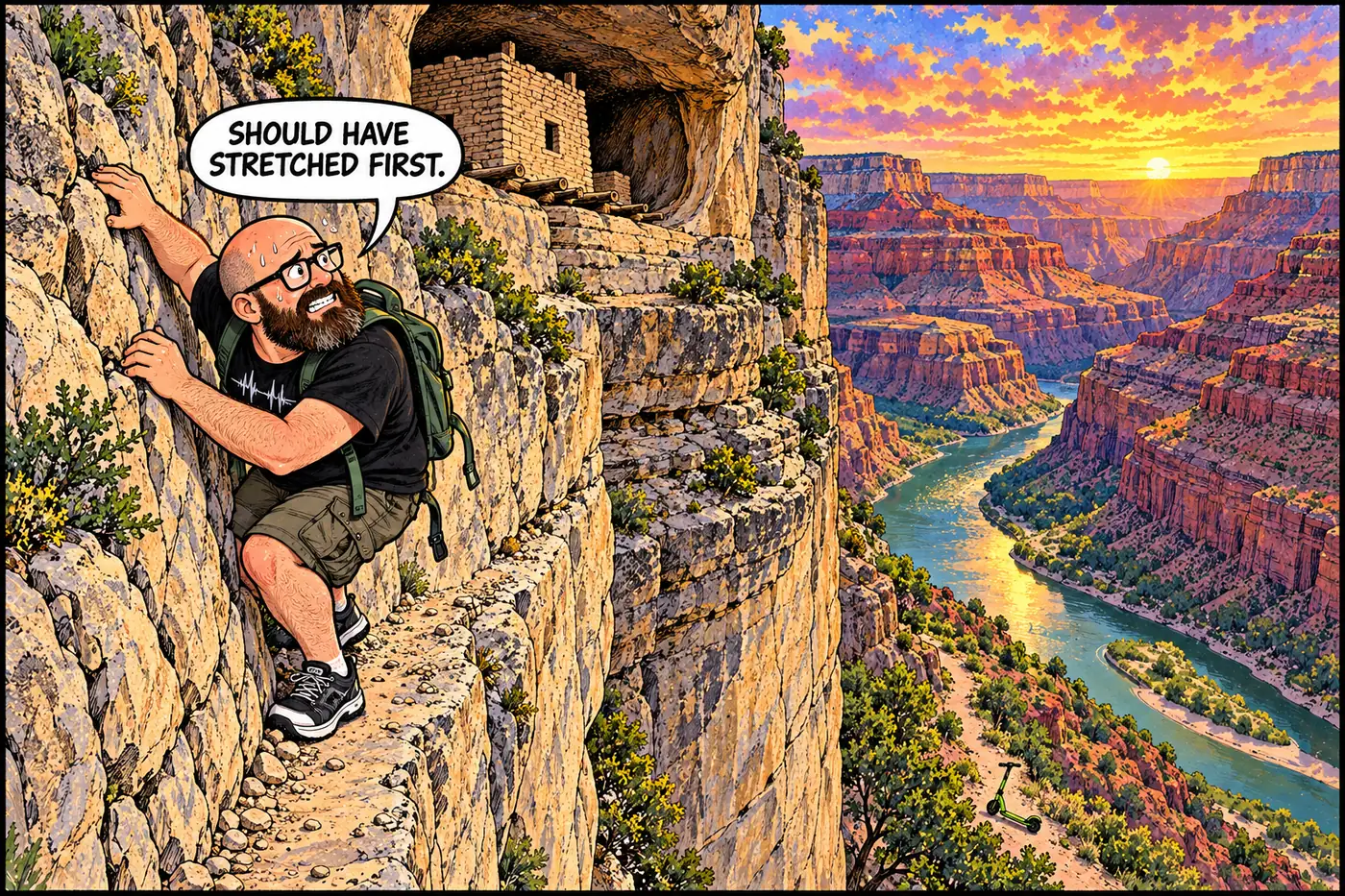 Cartoon of the HOST sweating and out of breath partway up a steep cliffside trail toward the granary alcove, gripping the rock with both hands
