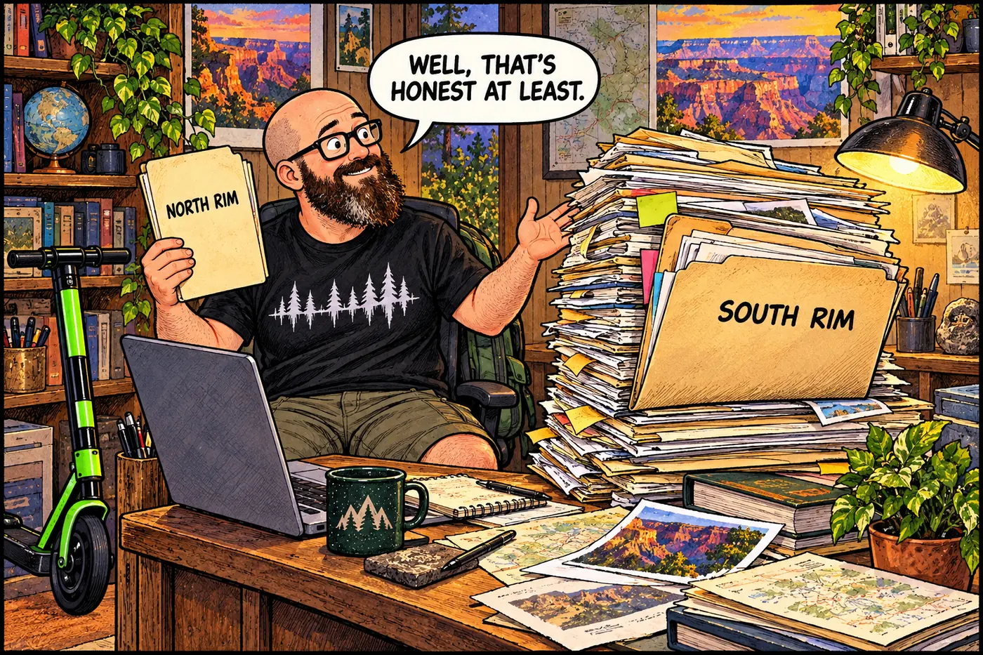 Comic panel of the HOST holding a nearly empty file folder labeled North Rim Range next to a thick file folder labeled South Rim Range
