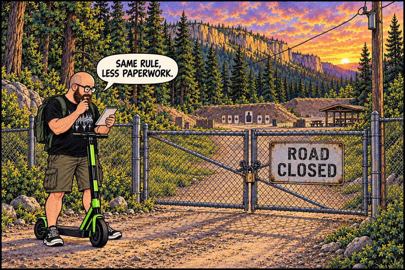 Illustration of a remote, forested North Rim firing range clearing behind a closed gate with a utility line running alongside the access road