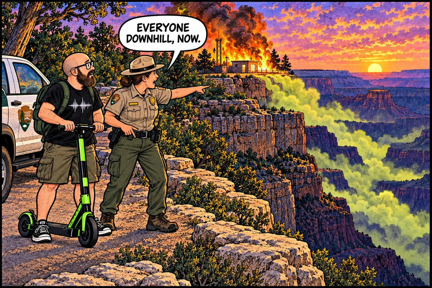 Cartoon of a ranger and the HOST watching a low yellow-green haze drift downhill from a burning treatment building toward the inner canyon at dusk