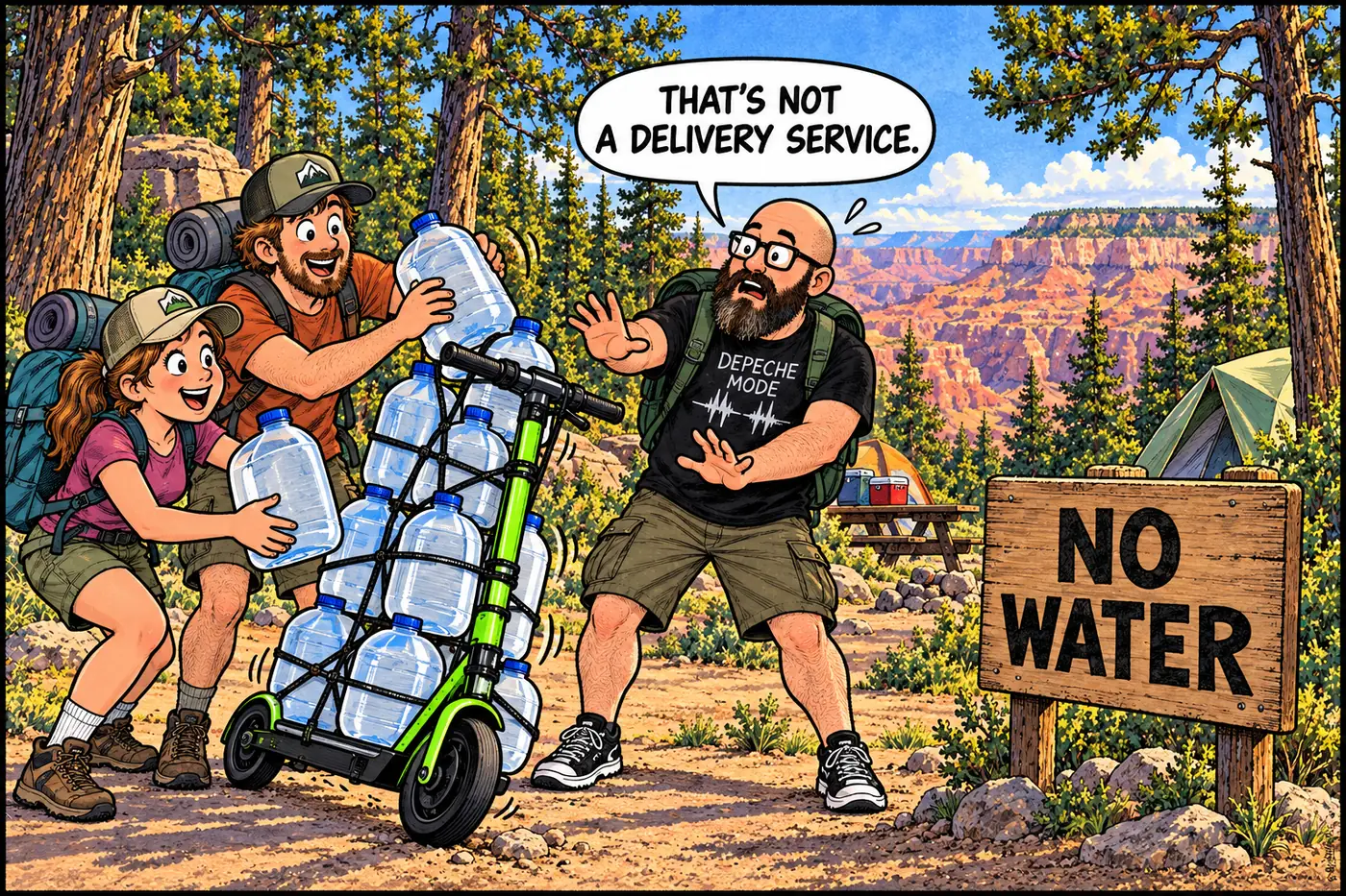 Cartoon of campers at a North Rim campground loading jugs of water onto the HOST's lime-green e-scooter next to a sign reading NO POTABLE WATER