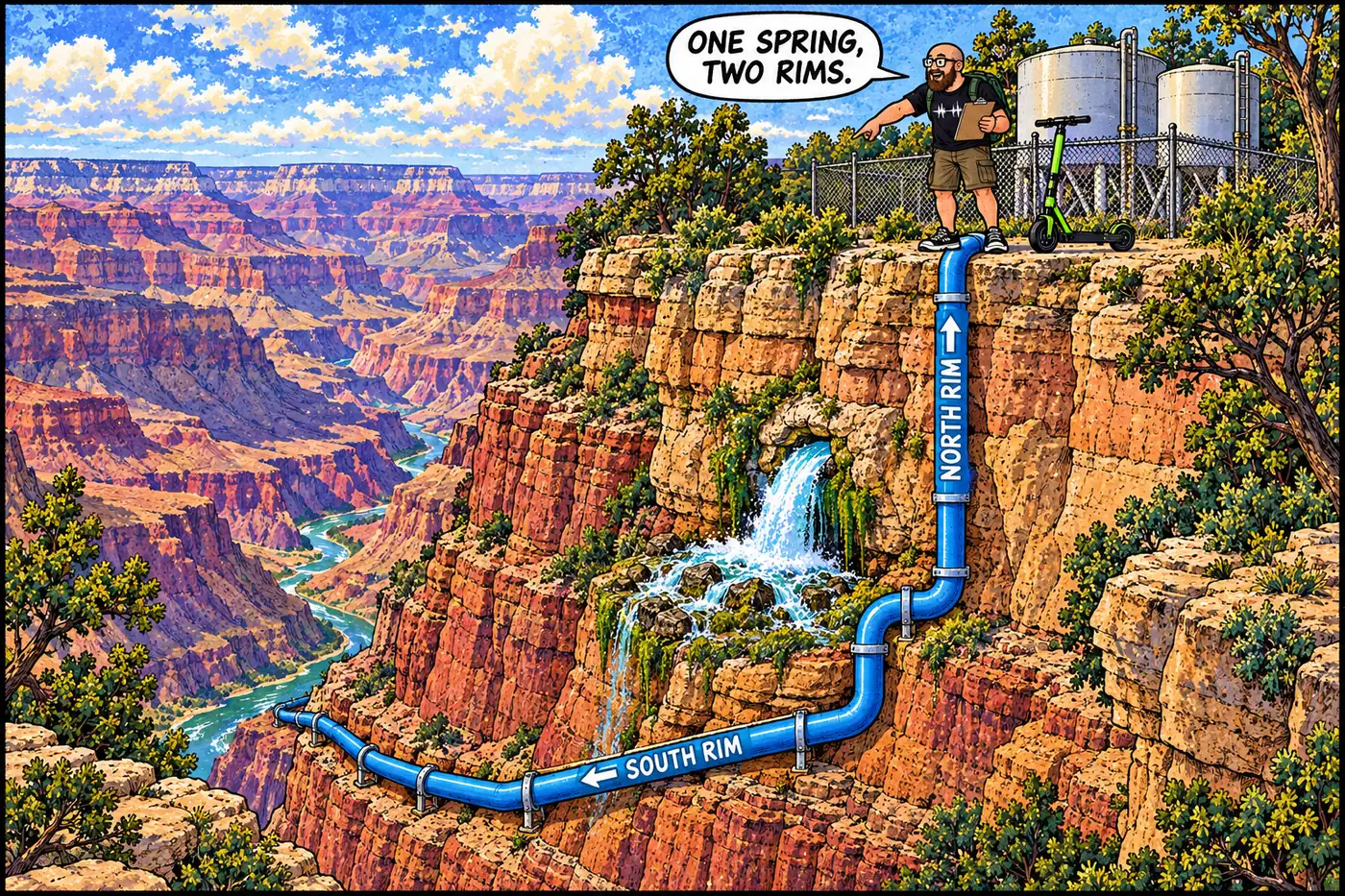 Labeled cutaway diagram of Roaring Springs feeding two pipelines, one gravity-fed south to the South Rim and one pumped north up to North Rim water tanks