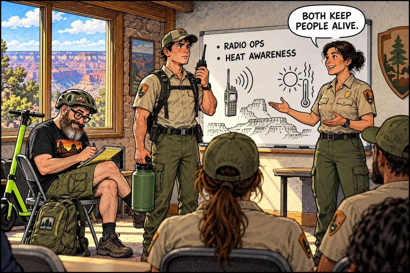 Comic panel of a Preventive Search and Rescue trainee holding both a radio handset and a water bottle in a classroom, with a whiteboard behind listing heat illness awareness and radio operations as training topics