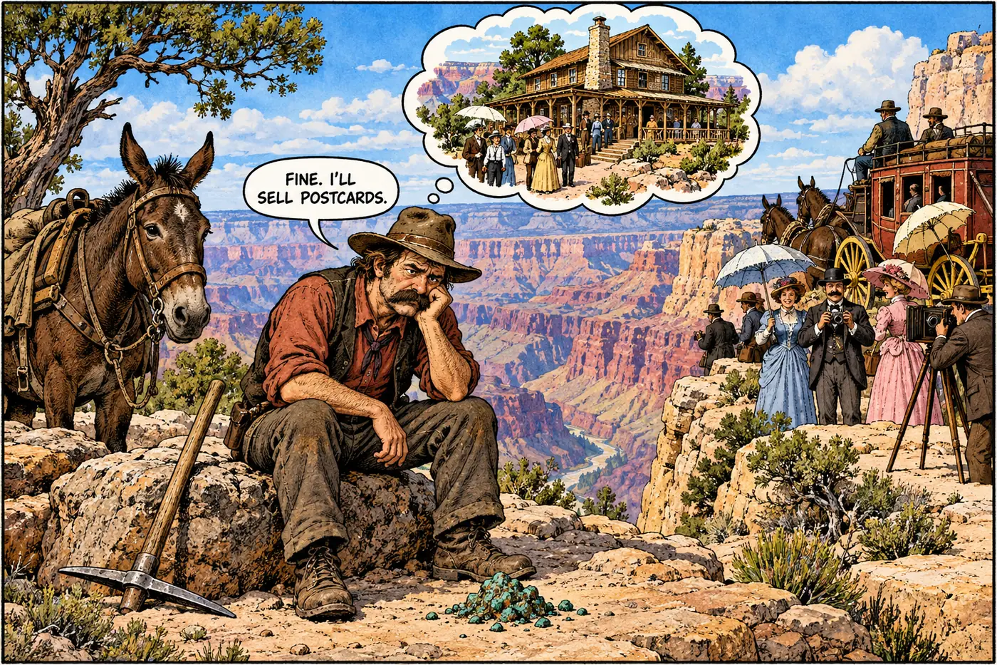 An 1890s prospector sits beside a tiny pile of copper ore at the rim, daydreaming about running a tourist lodge.