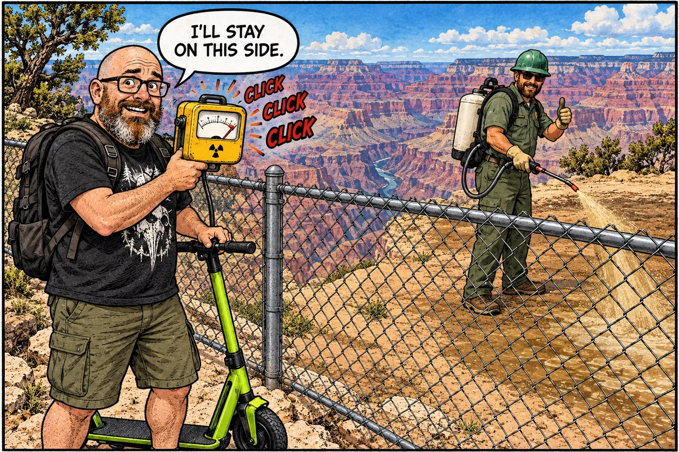 The host holds a clicking Geiger counter outside a chain-link fence while a park worker sprays soil stabilizer inside it.
