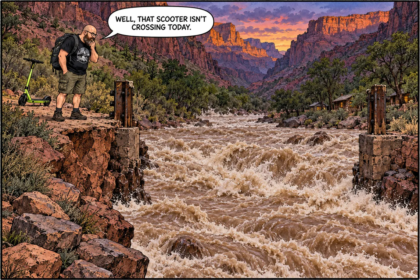 Cartoon of the HOST standing at the stub of a washed-out footbridge over a swollen, debris-filled creek, scooter parked uselessly behind him