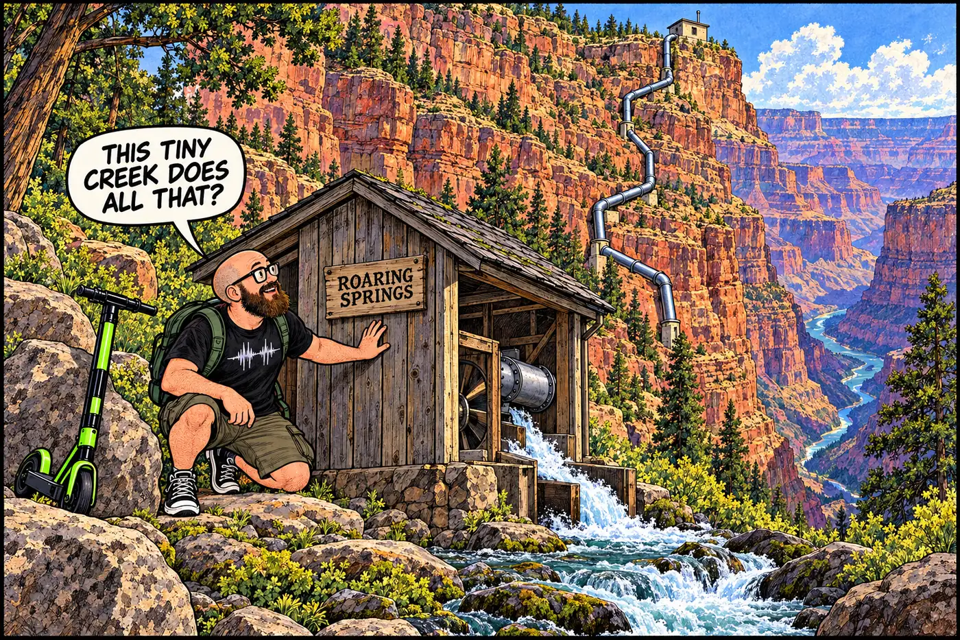 Cartoon of the HOST staring in disbelief at a small 1920s hydroelectric turbine shed powered by a narrow mountain creek, dwarfed by the towering canyon wall behind it