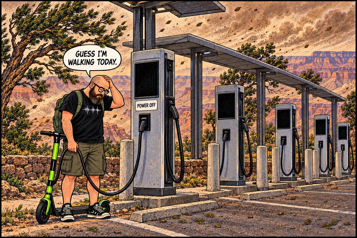 Cartoon of the HOST standing next to his dead lime-green e-scooter at a powered-down electric bus charging station during a wildfire-prevention power shutoff