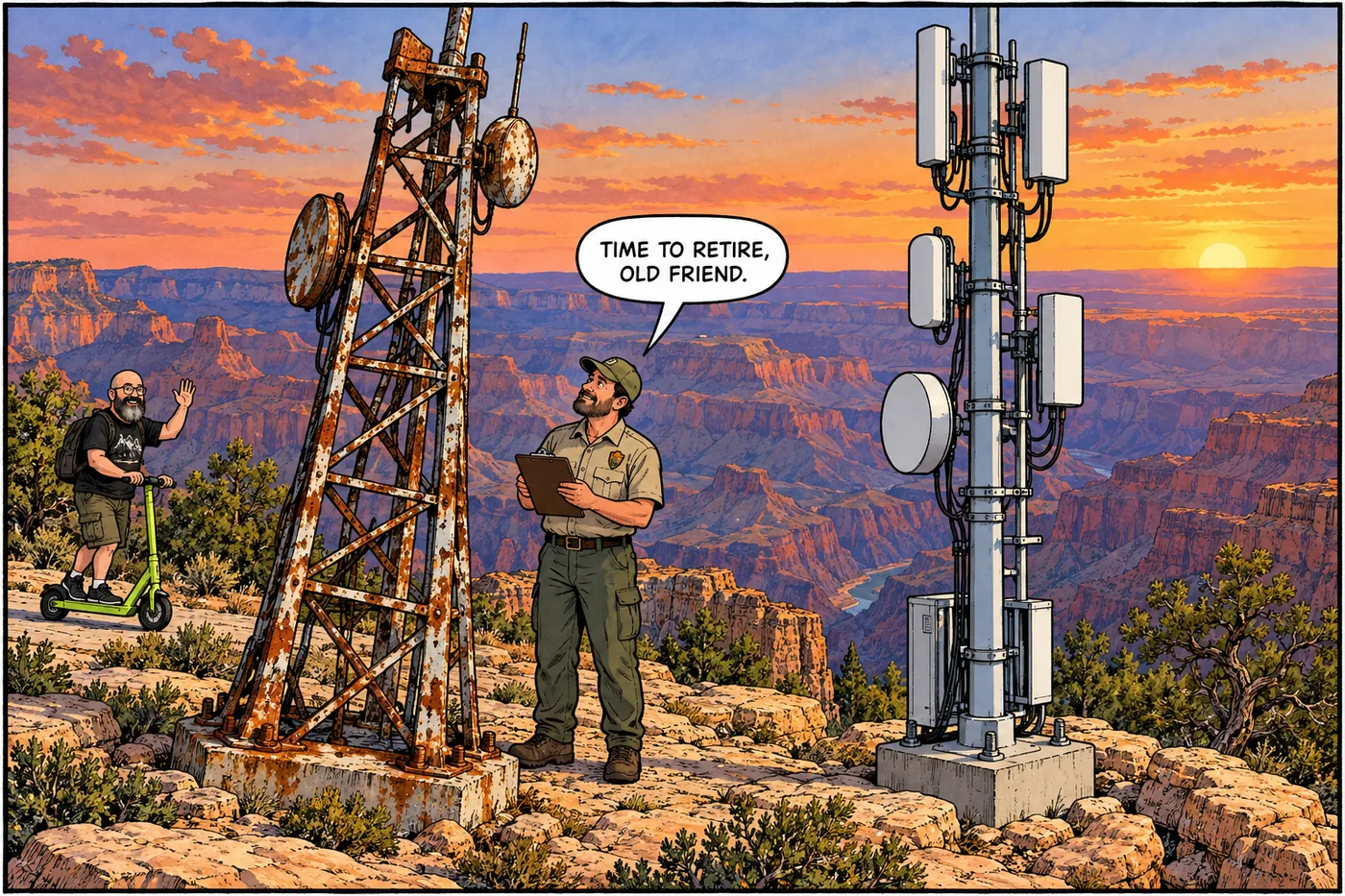 Comic panel of a National Park Service inspector examining a rusty old analog radio tower next to a sleek new digital tower with a clipboard checklist, both towers personified with tired versus alert expressions painted on