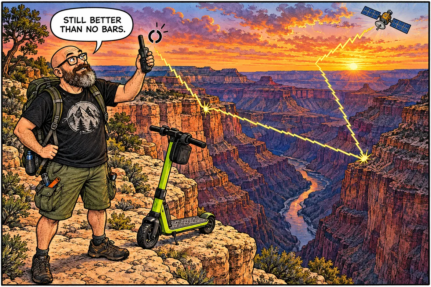 Comic panel of the HOST standing at a canyon overlook holding a satellite phone with a comically tangled signal line bouncing uselessly off the canyon walls back up toward a satellite in the sky