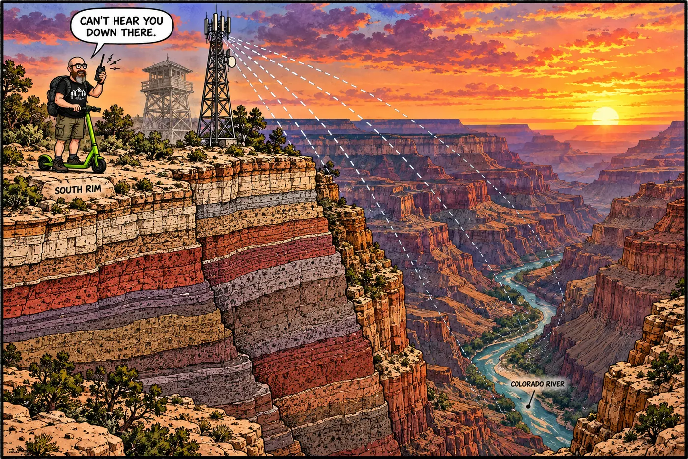 Cutaway illustration of the Grand Canyon showing a rim-top radio repeater tower broadcasting signal that fades into static deep inside the inner canyon, with a small fire lookout cabin drawn faded beside the modern tower to show its earlier history