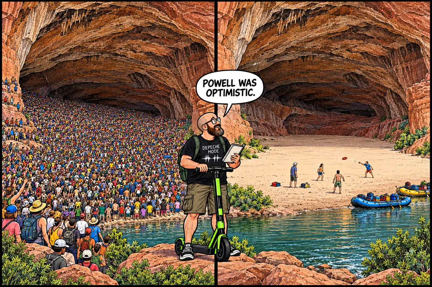 Cartoon of a tiny illustrated crowd of 50,000 people crammed absurdly into the cavern next to the real, much smaller group of river rafters playing frisbee