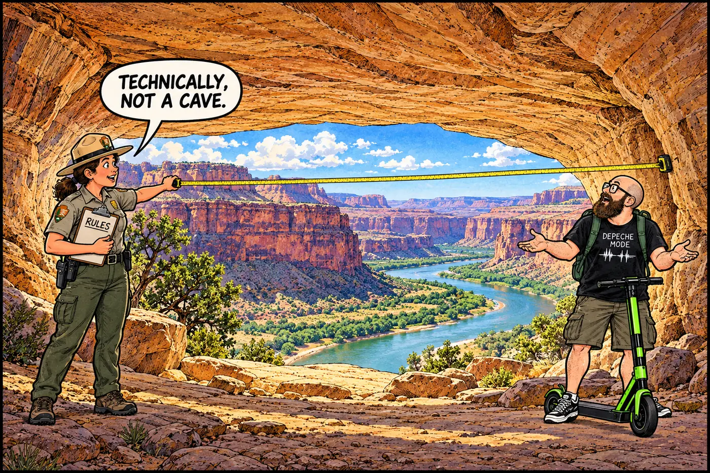 Cartoon of a park ranger holding a tape measure at the wide mouth of Redwall Cavern, measuring the entrance against a rulebook while the HOST looks on skeptically