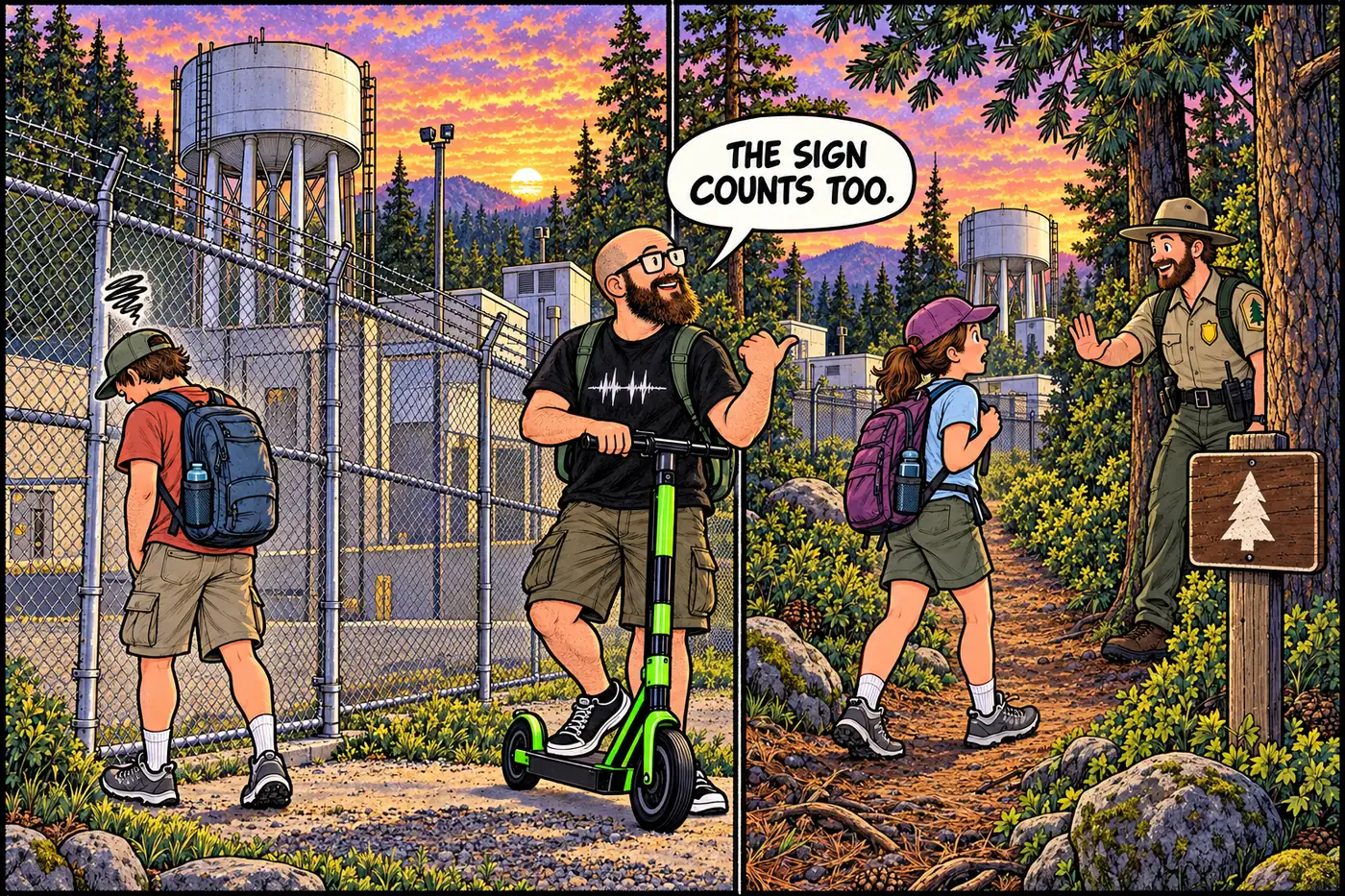 Cartoon of a tourist confidently climbing over a chain-link fence on one side of a compound while getting stopped by a ranger at a plain sign on the forested side