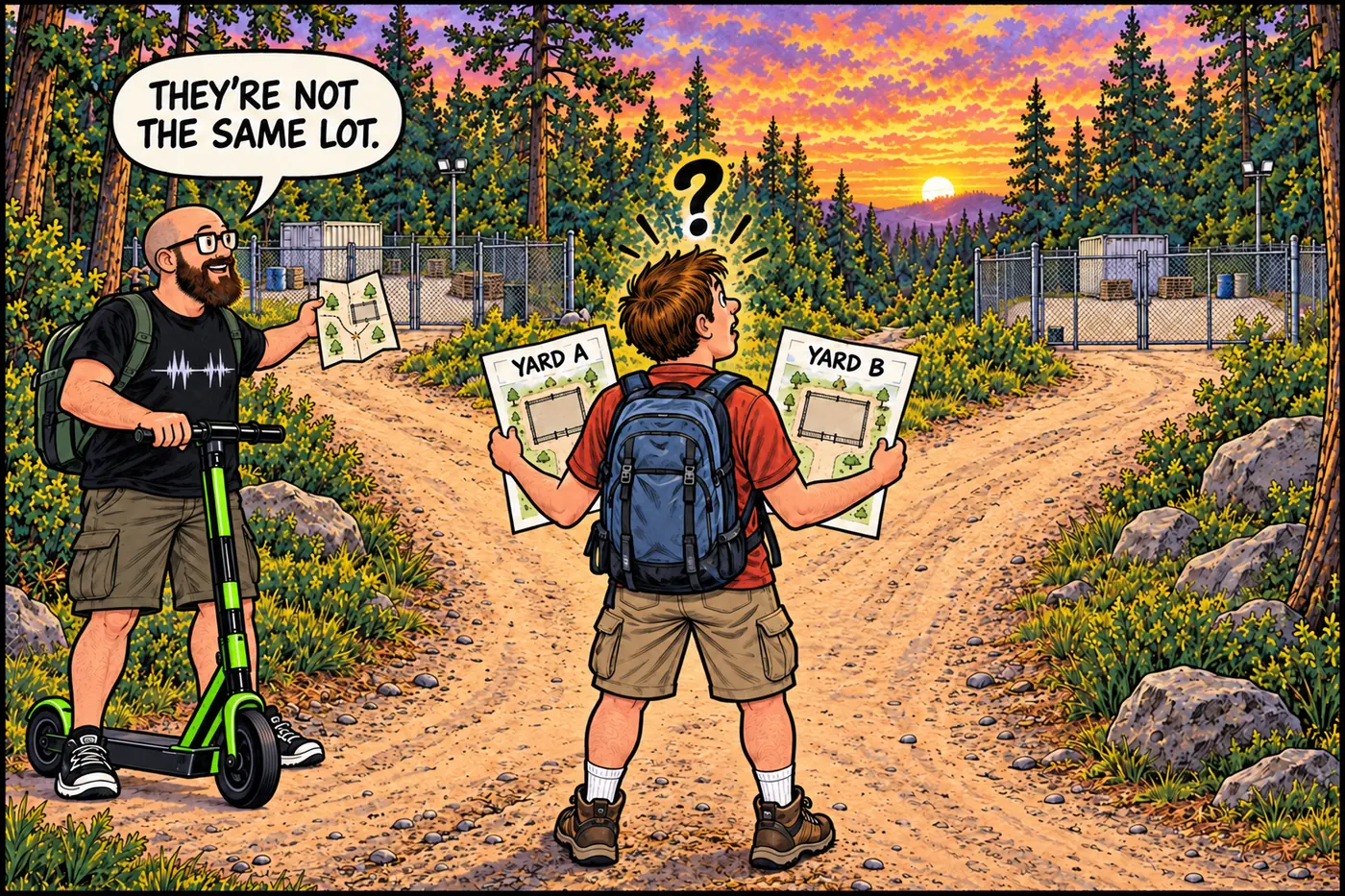 Cartoon of a tourist holding two nearly identical maps trying to tell two different fenced government yards apart