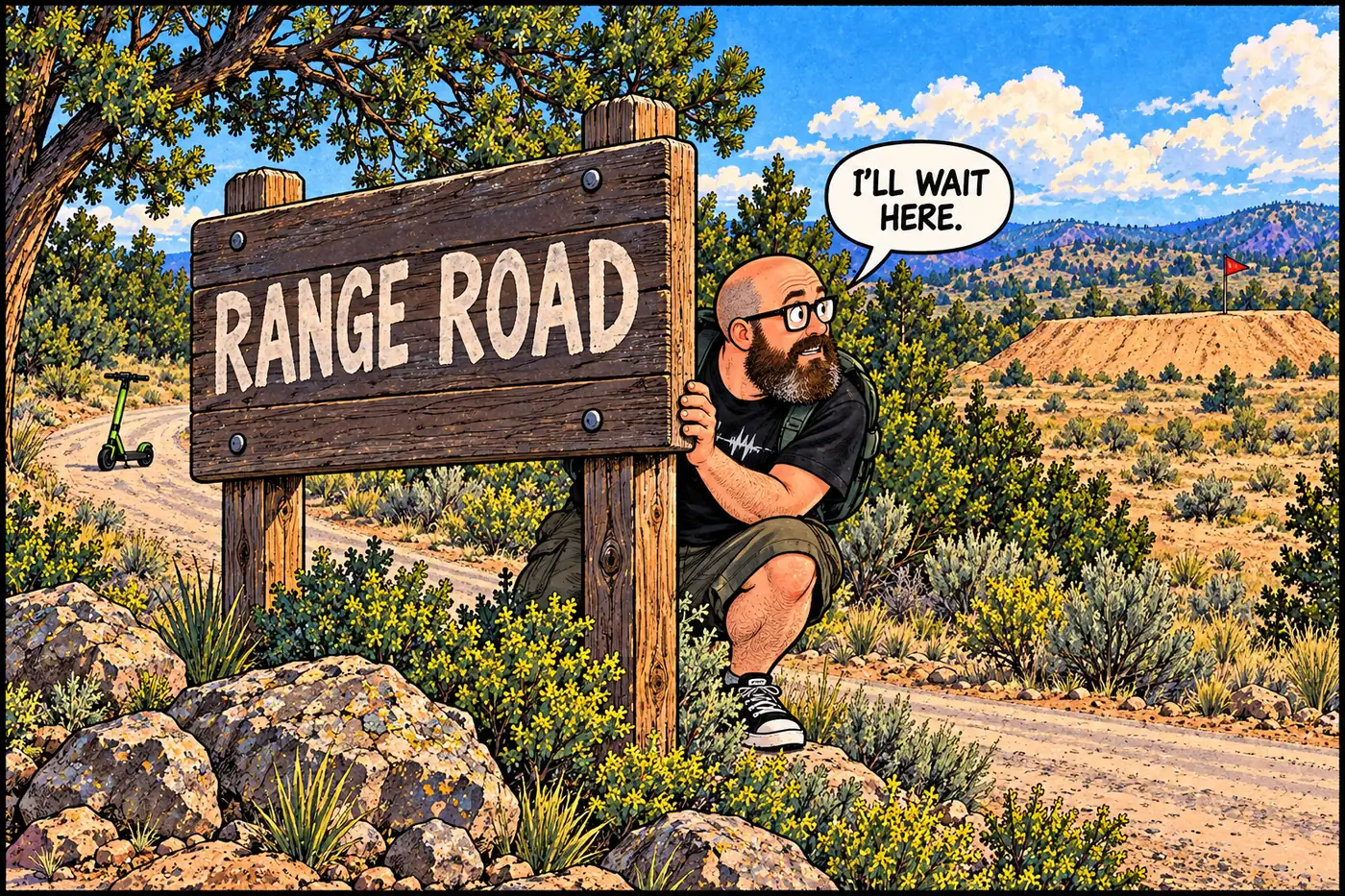 Comic panel of the HOST peeking around a warning sign near a firing range road, ducking comically while a distant flag pops up on a shooting berm