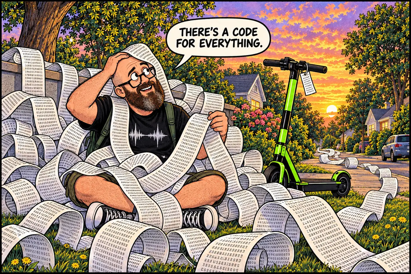 Comic panel of the HOST buried under an unrolled scroll covered in tiny illegible road-code labels like alphabet soup, comically overwhelmed