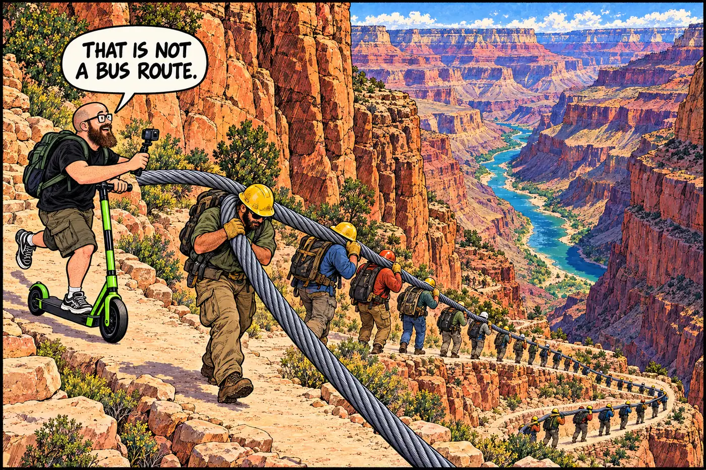 Cartoon of a long line of workers carrying a massive coiled steel cable down a steep switchback canyon trail toward the river below