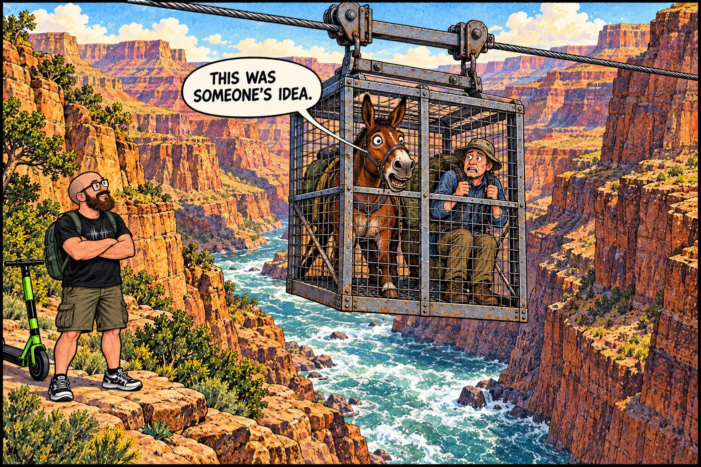 Cartoon of a nervous-looking mule and hiker crammed into a small steel cage dangling from a cable high above the rushing Colorado River