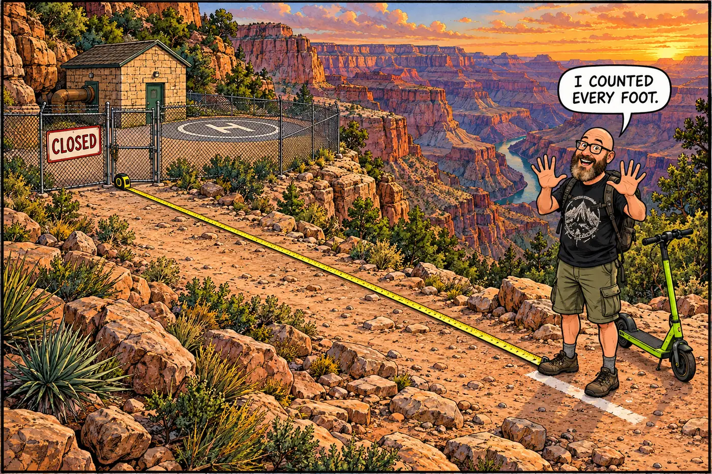 Cartoon of a fenced pumphouse with a measuring tape gag showing the 100-foot public setback rule