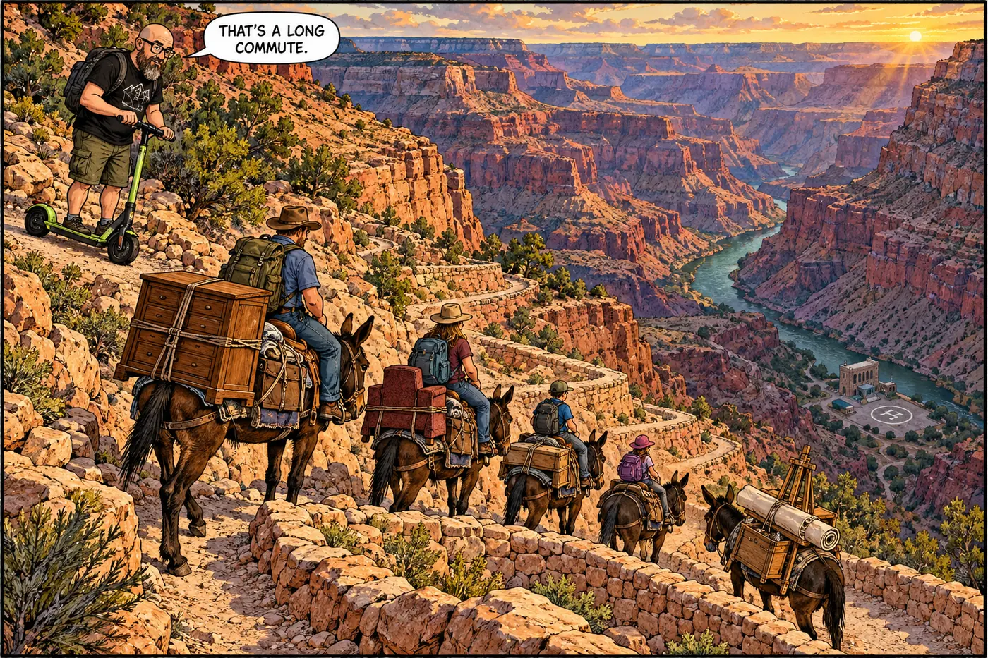Cartoon of a 1970s family descending a canyon trail by mule train with a pumphouse visible far below