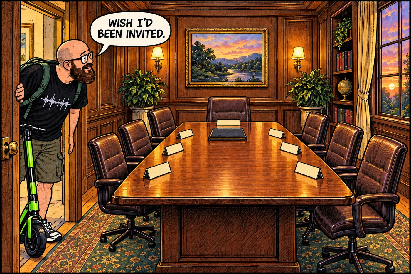 Comic panel of the host peeking into an empty conference room with a long table set for seven with nameplates for federal agencies and tribal nations