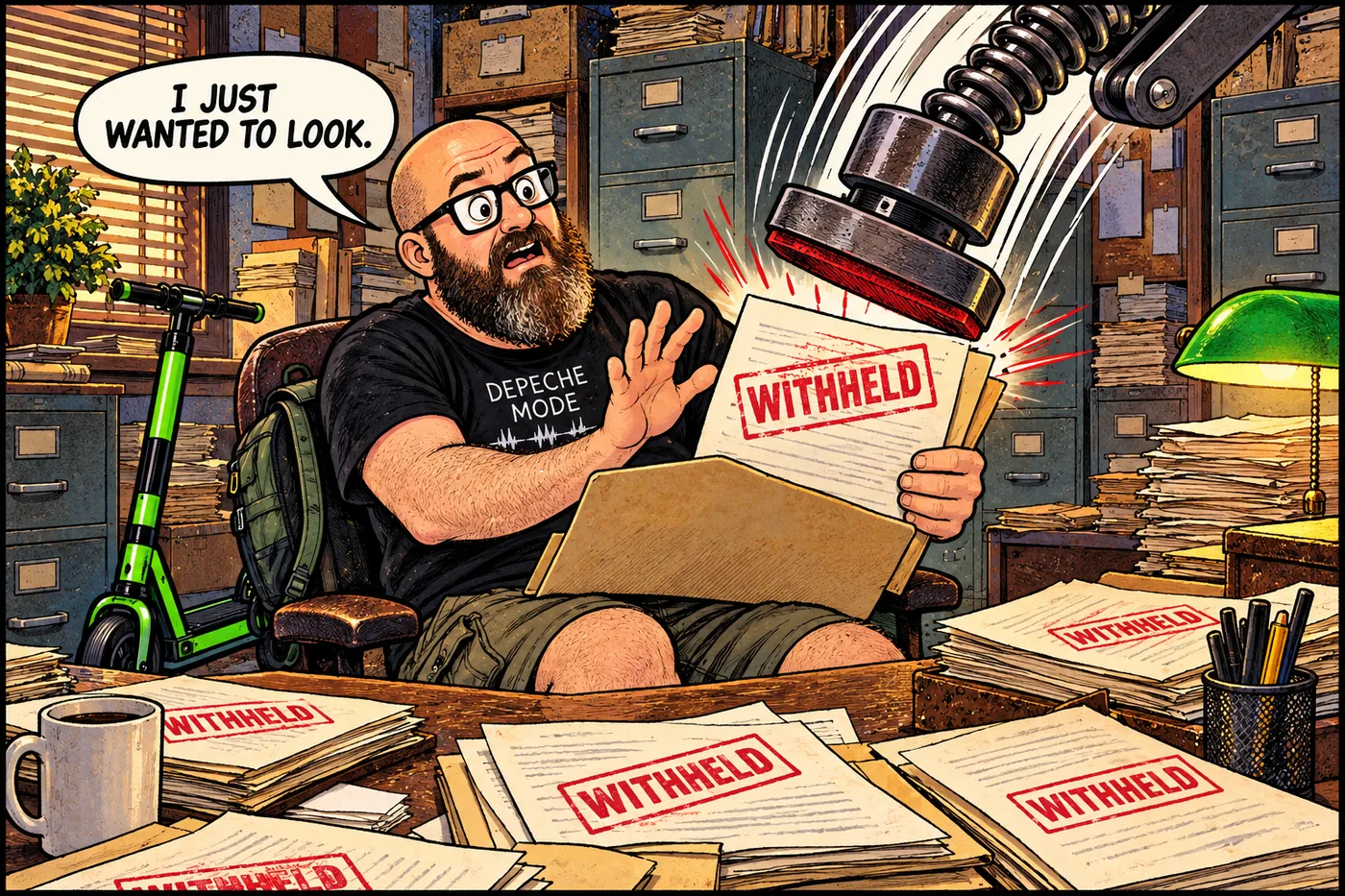 Comic panel of the host holding a folder that is being covered in redaction stamps by an unseen hand faster than he can read it