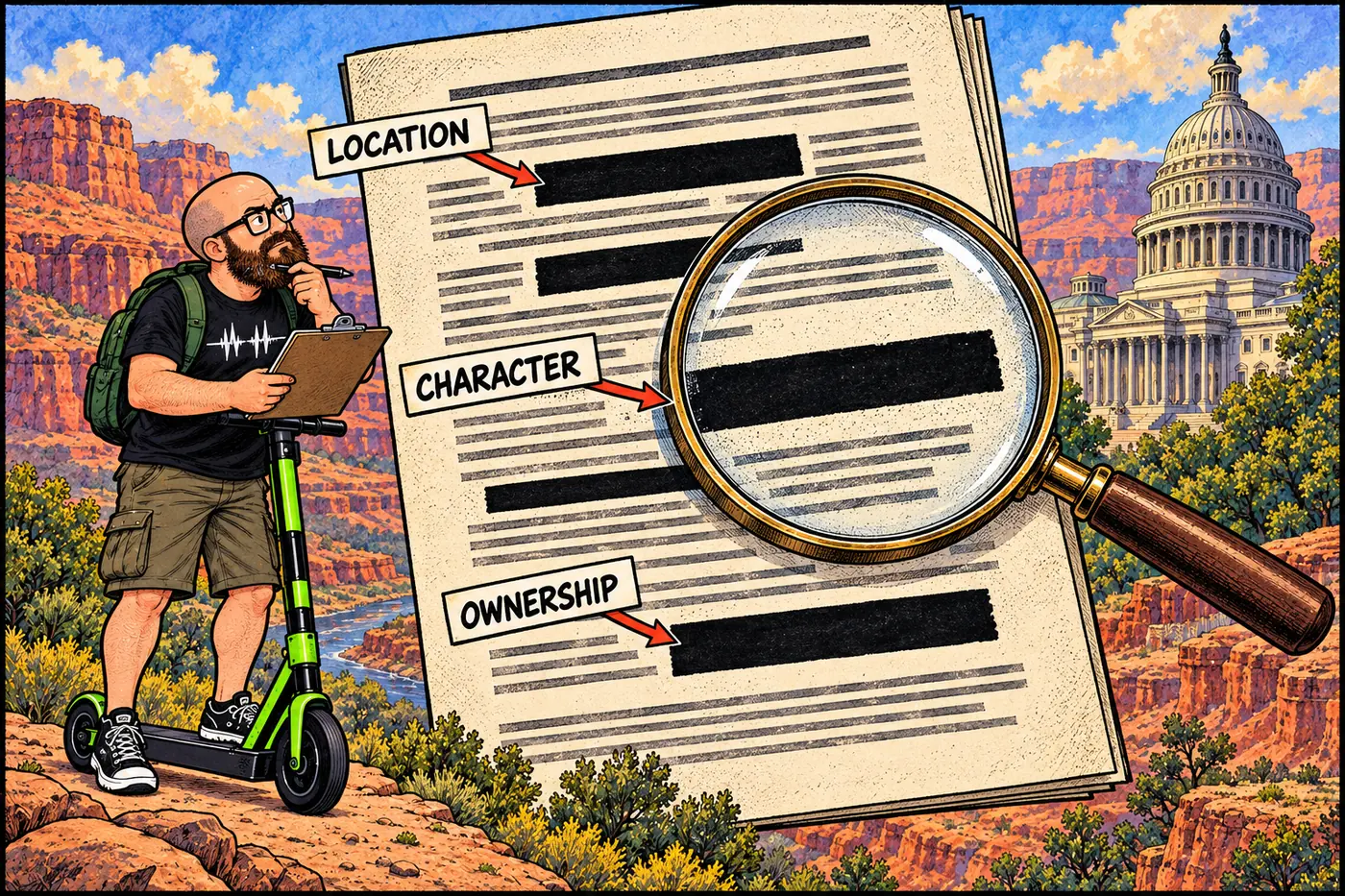 Illustrated diagram of a government document with several paragraphs covered by black redaction bars, a magnifying glass hovering over labeled arrows pointing to location, character, and ownership fields