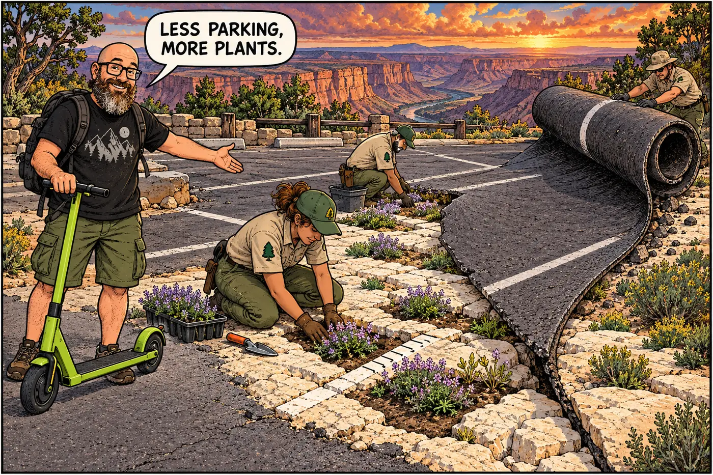 The host watches a cartoon slab of parking pavement roll away as small limestone soil pockets are restored for rare plants.