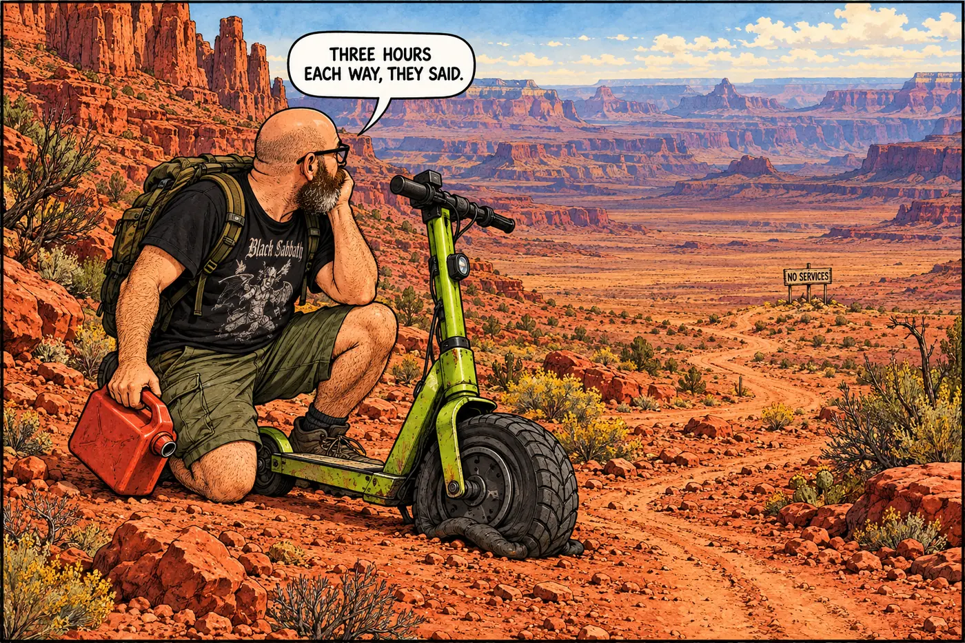 Cartoon of the host stranded on a remote dirt road at Tuweep with a flat tire and no services in sight