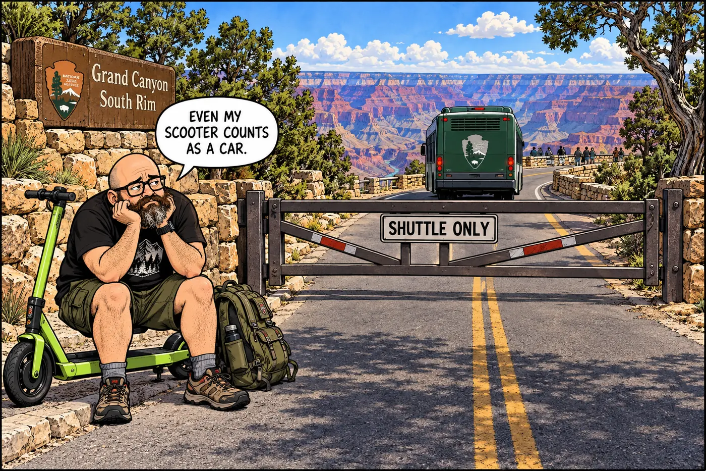 Cartoon of the host trying to drive his e-scooter past a closed gate to Yaki Point while a shuttle bus drives past freely