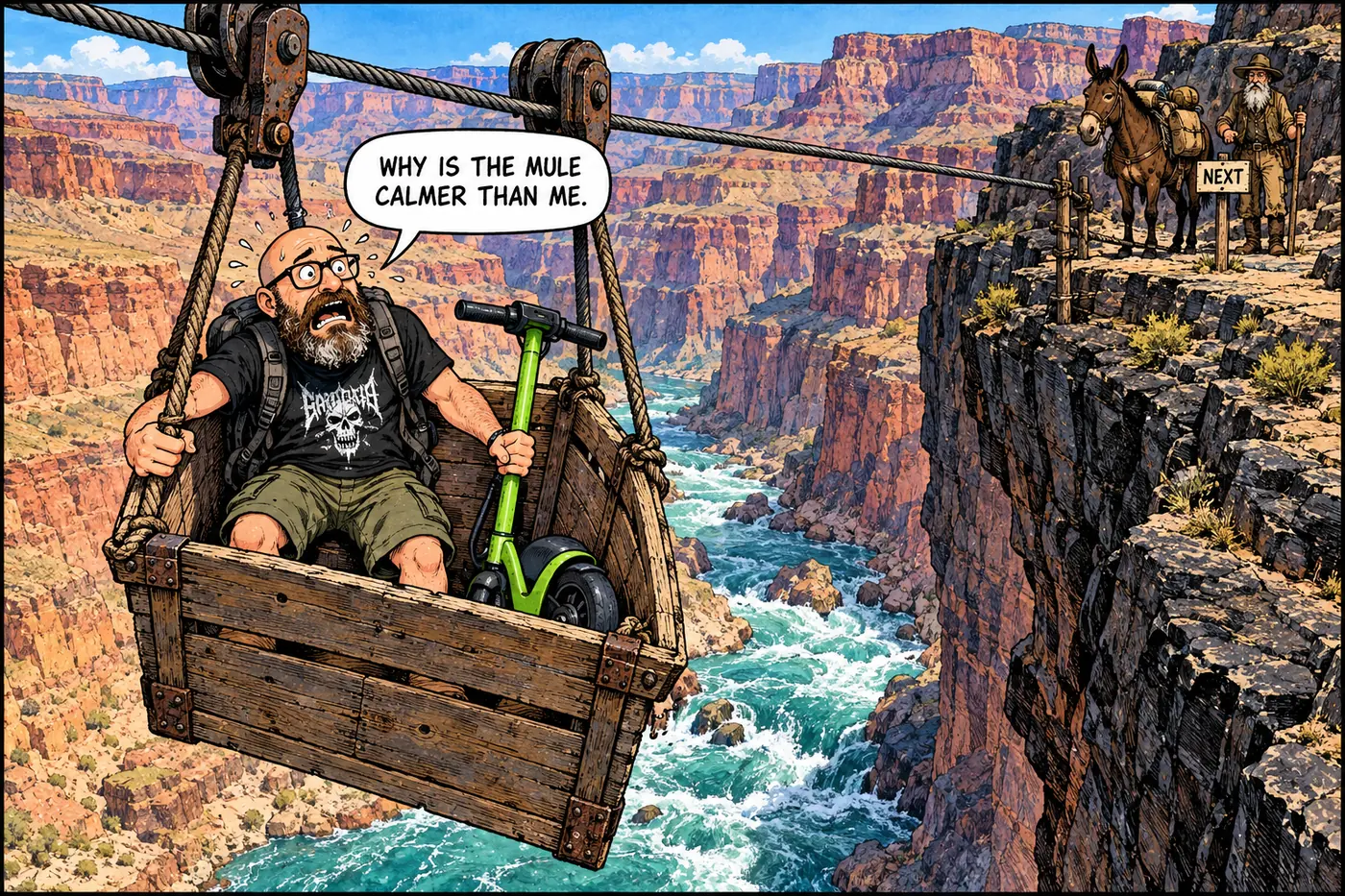Comic panel of the host nervously riding a rickety hand-cranked cable car sixty feet above the Colorado River while a pack mule waits its turn on the far bank