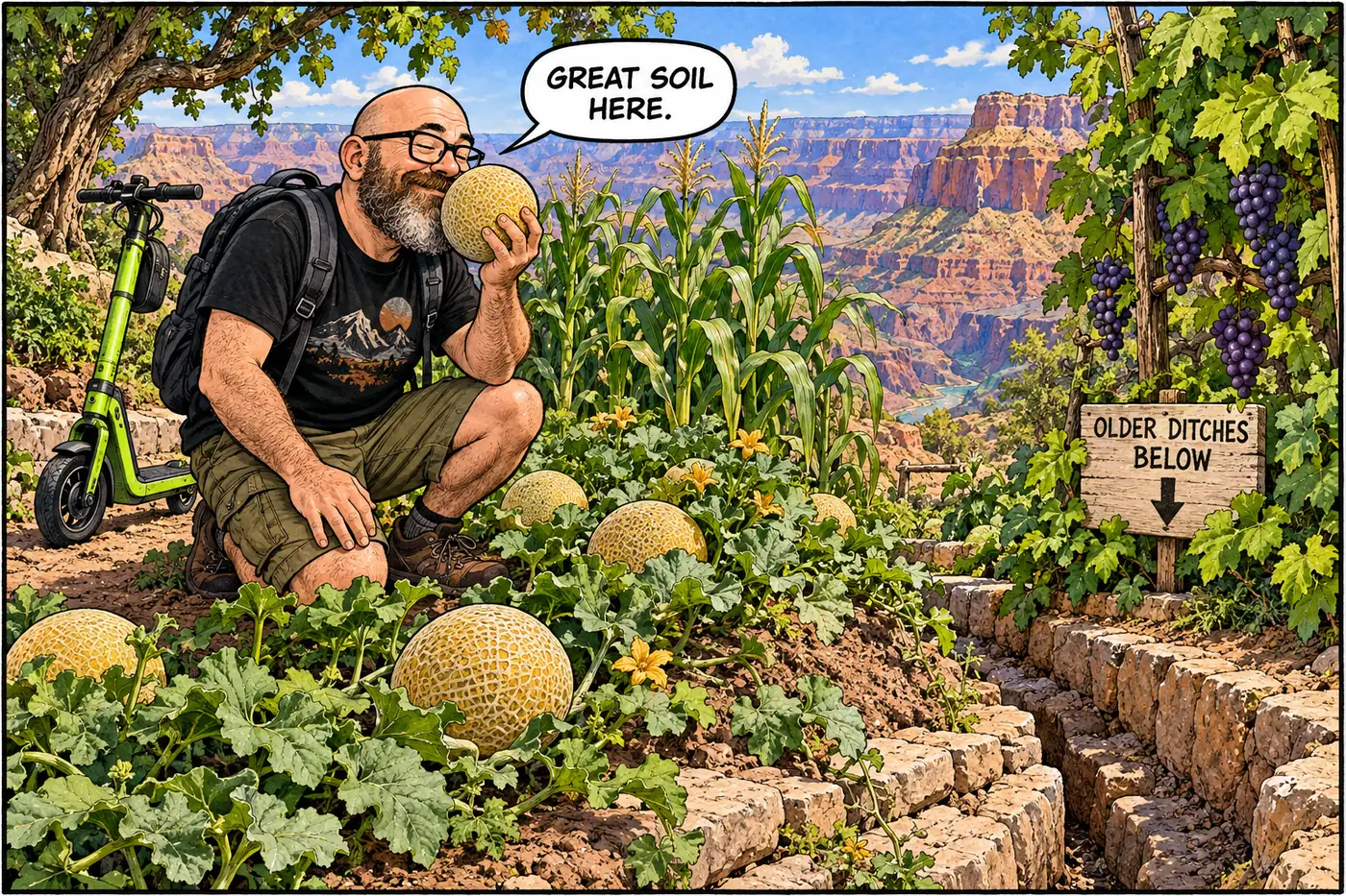 Comic panel of the host admiring a tidy pioneer-era garden of melons and corn, unaware he is standing on much older stone irrigation ditches